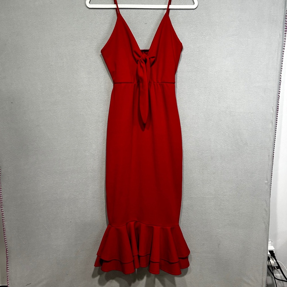 Red Bodycon Midi Dress Size Medium Tie Front Ruffle Hem Spaghetti Strap‎